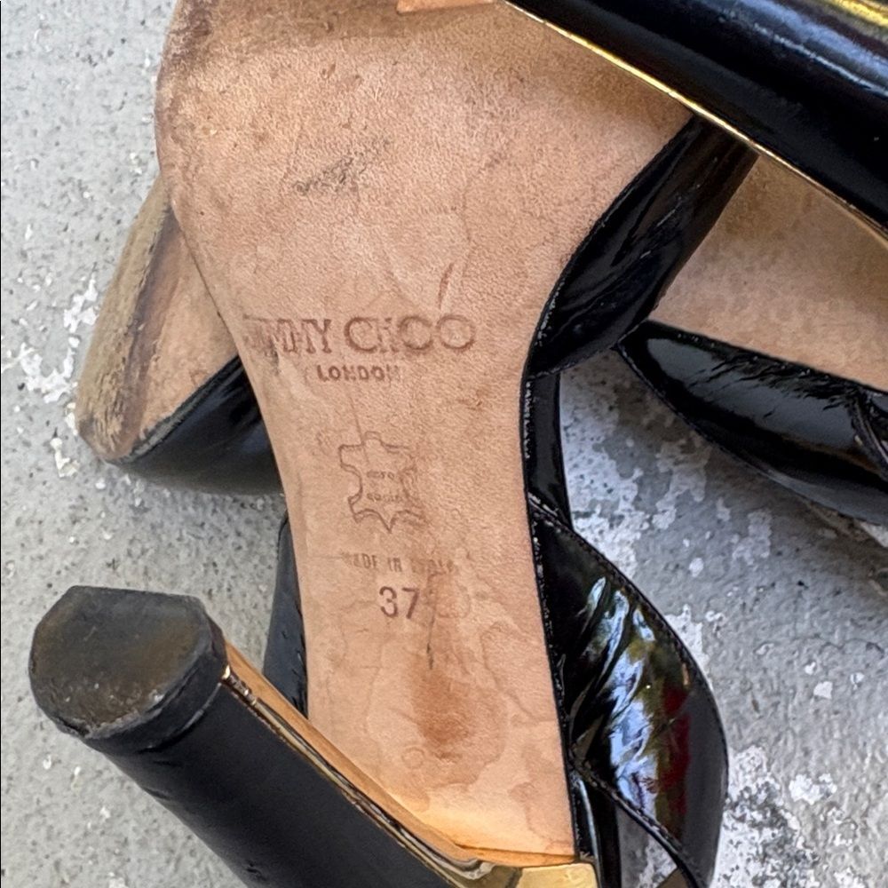 Jimmy Choo Black Patent Leather Slingback Heels with Gold Metallic Heel - Picture 9 of 9